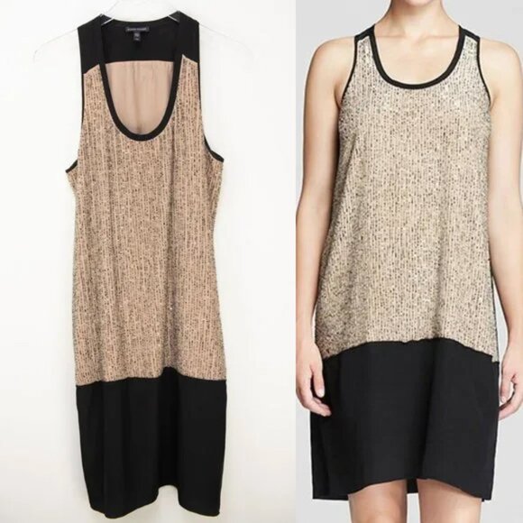 Eileen Fisher Sequin Rivulet Dress Crepe De Chine 100% Silk Gold Black Small - Picture 1 of 6
